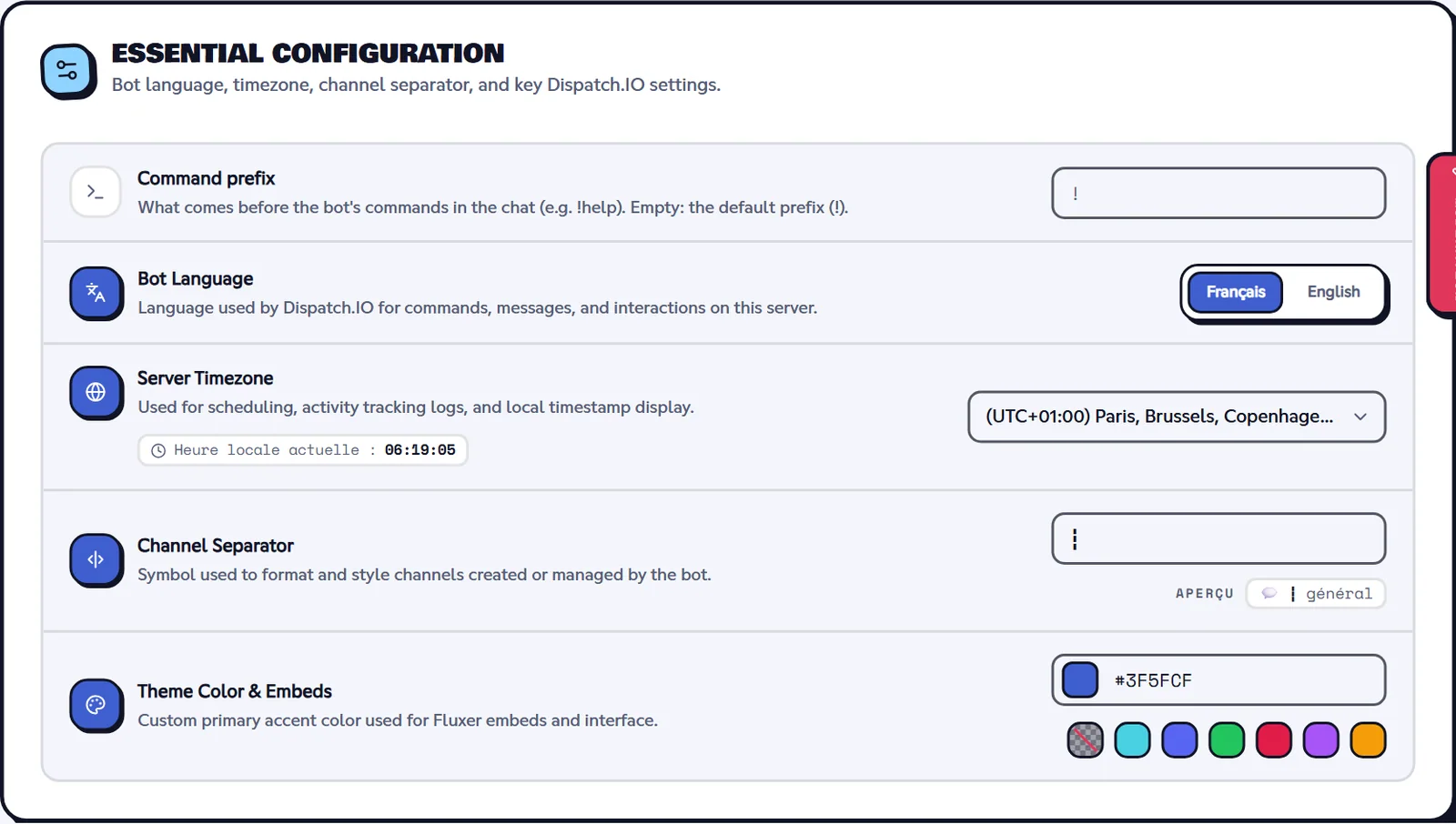 Basic configuration page of the dashboard