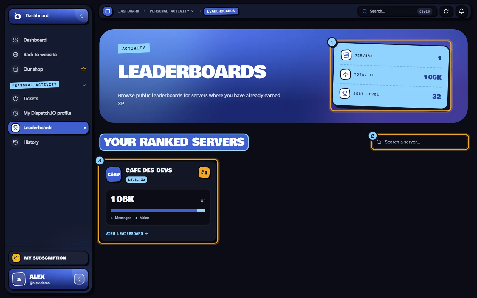 Leaderboards page with the counters and server cards