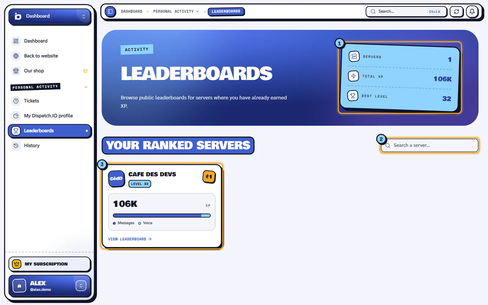 Leaderboards page with the counters and server cards