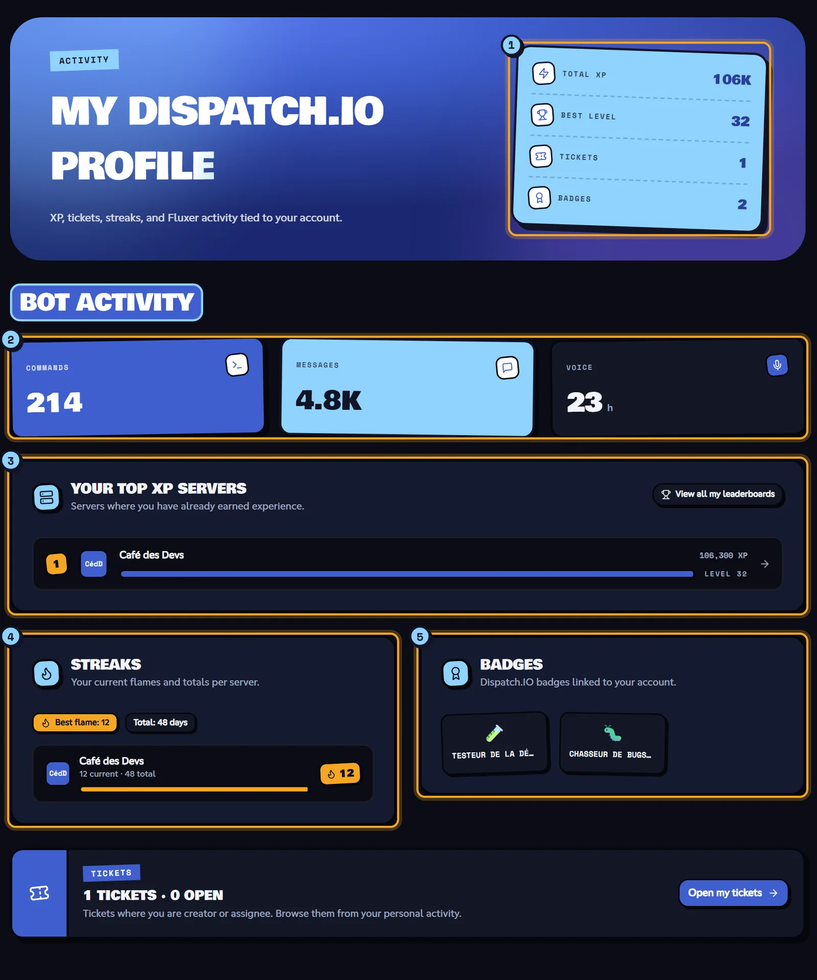 Stats page with the counters, bot activity, top XP servers, streaks and badges