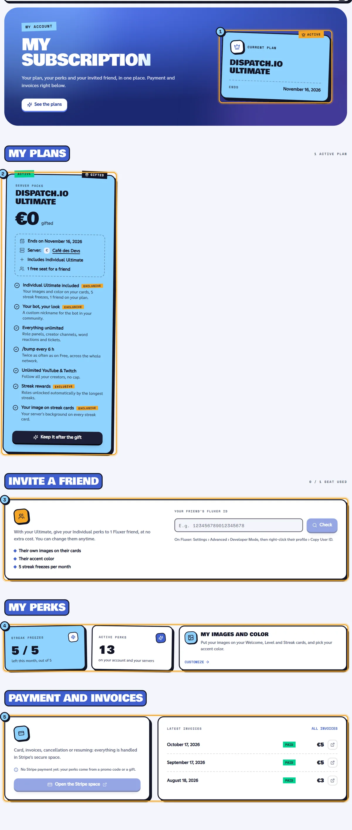 My subscription page with the current plan, the plans, the invited friend, the perks and the invoices