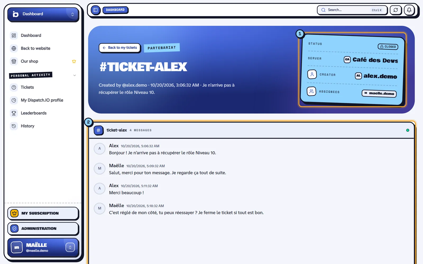 Page of an archived ticket with its details and transcript