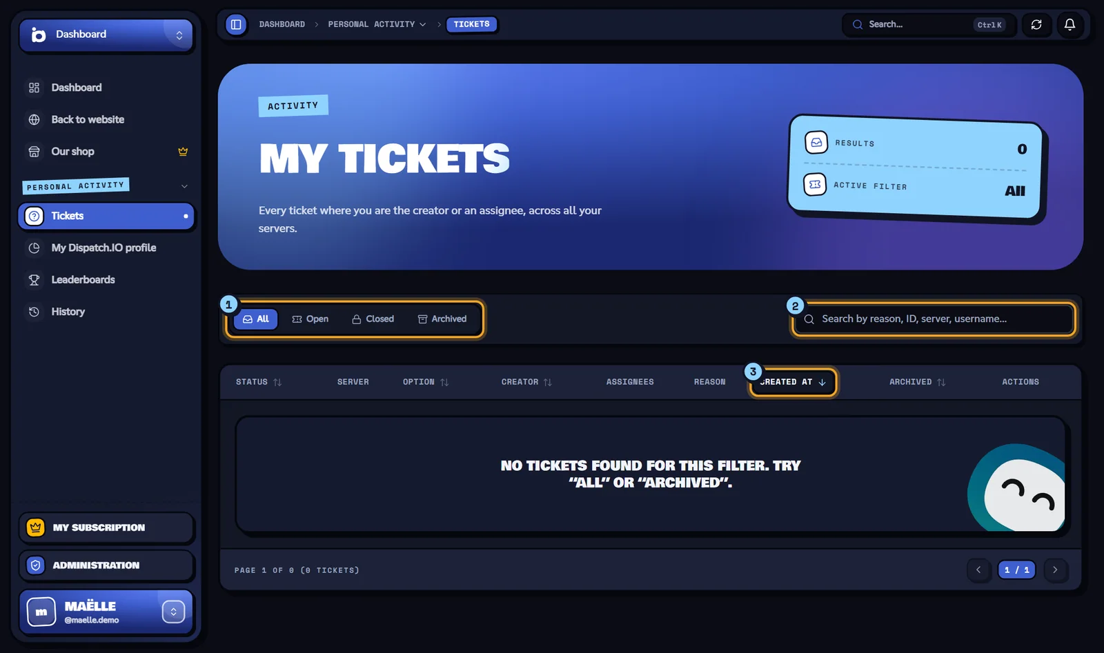 My tickets list with the filters, the search and the table