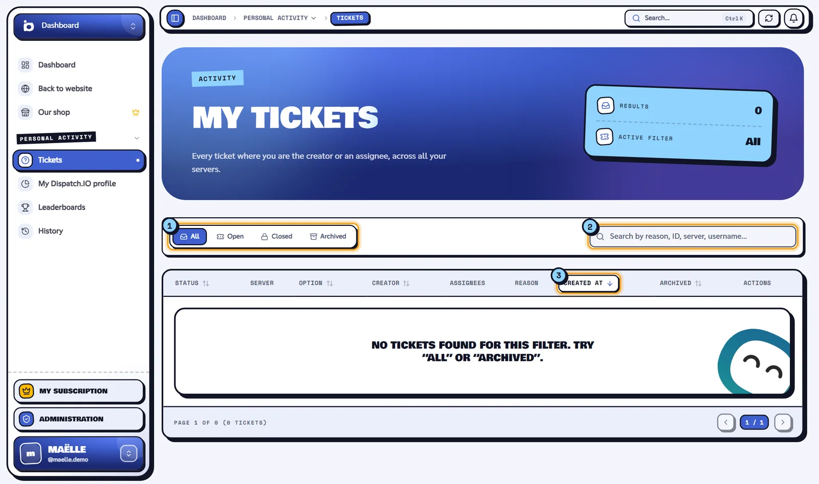 My tickets list with the filters, the search and the table