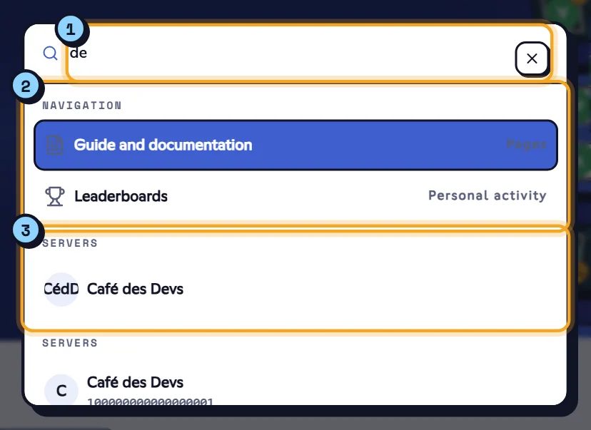 Search window with pages and servers