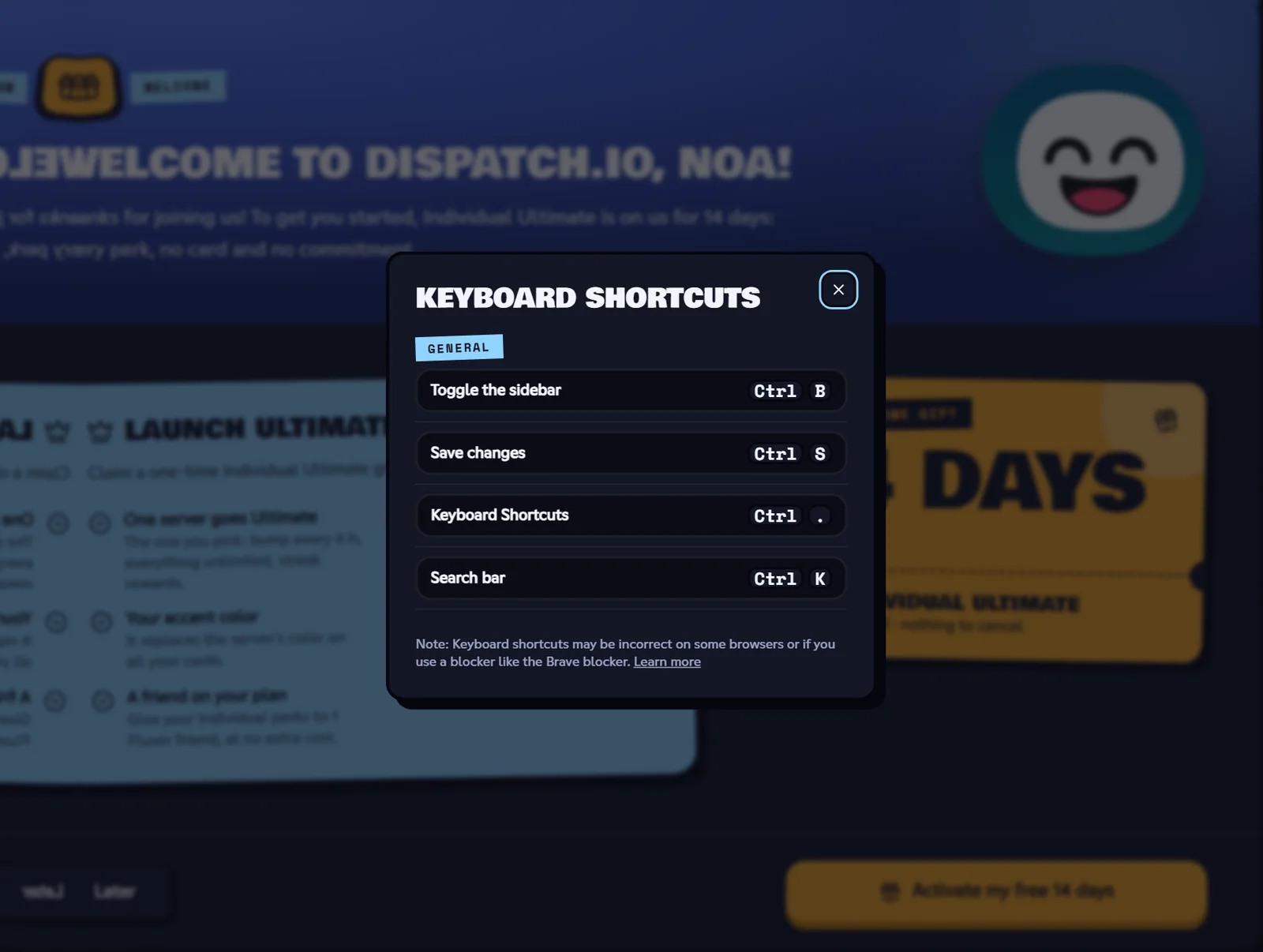 Keyboard Shortcuts window with the list of shortcuts