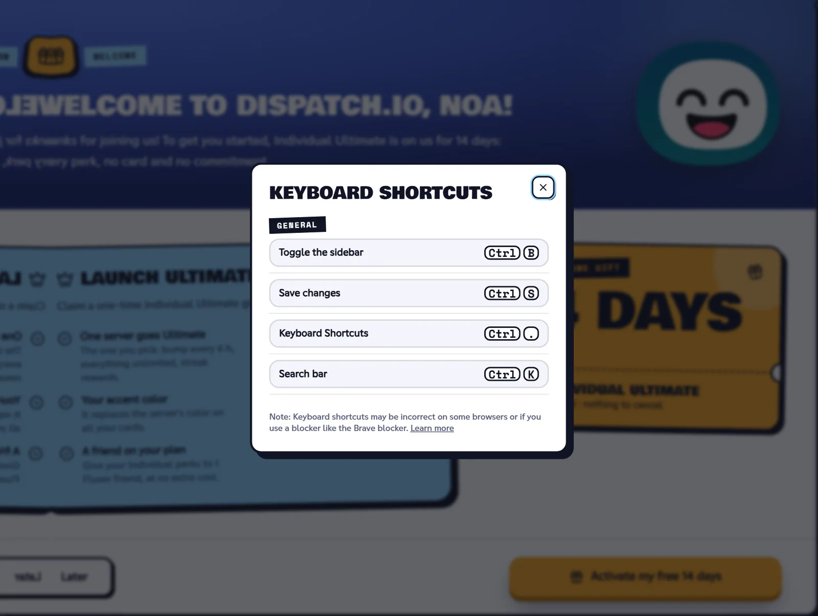 Keyboard Shortcuts window with the list of shortcuts