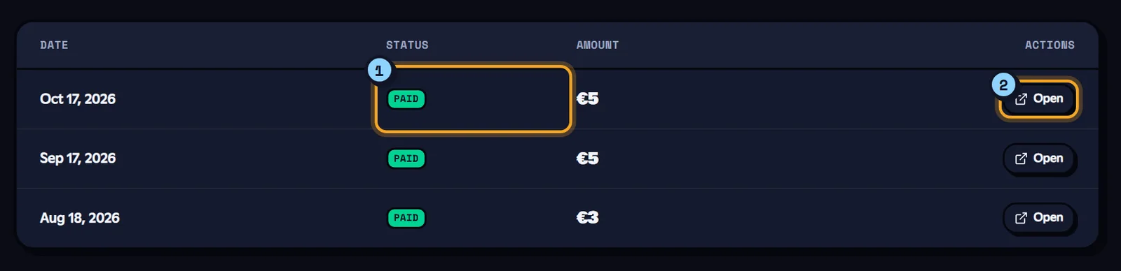 Billing tab of the shop with the list of invoices