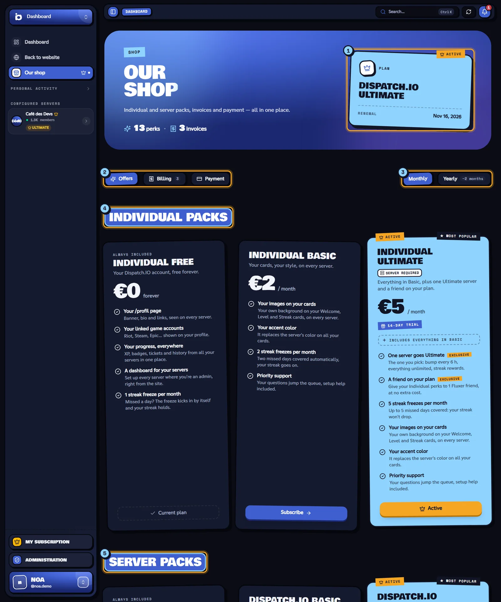 Our shop page with the current plan, the tabs and the packs