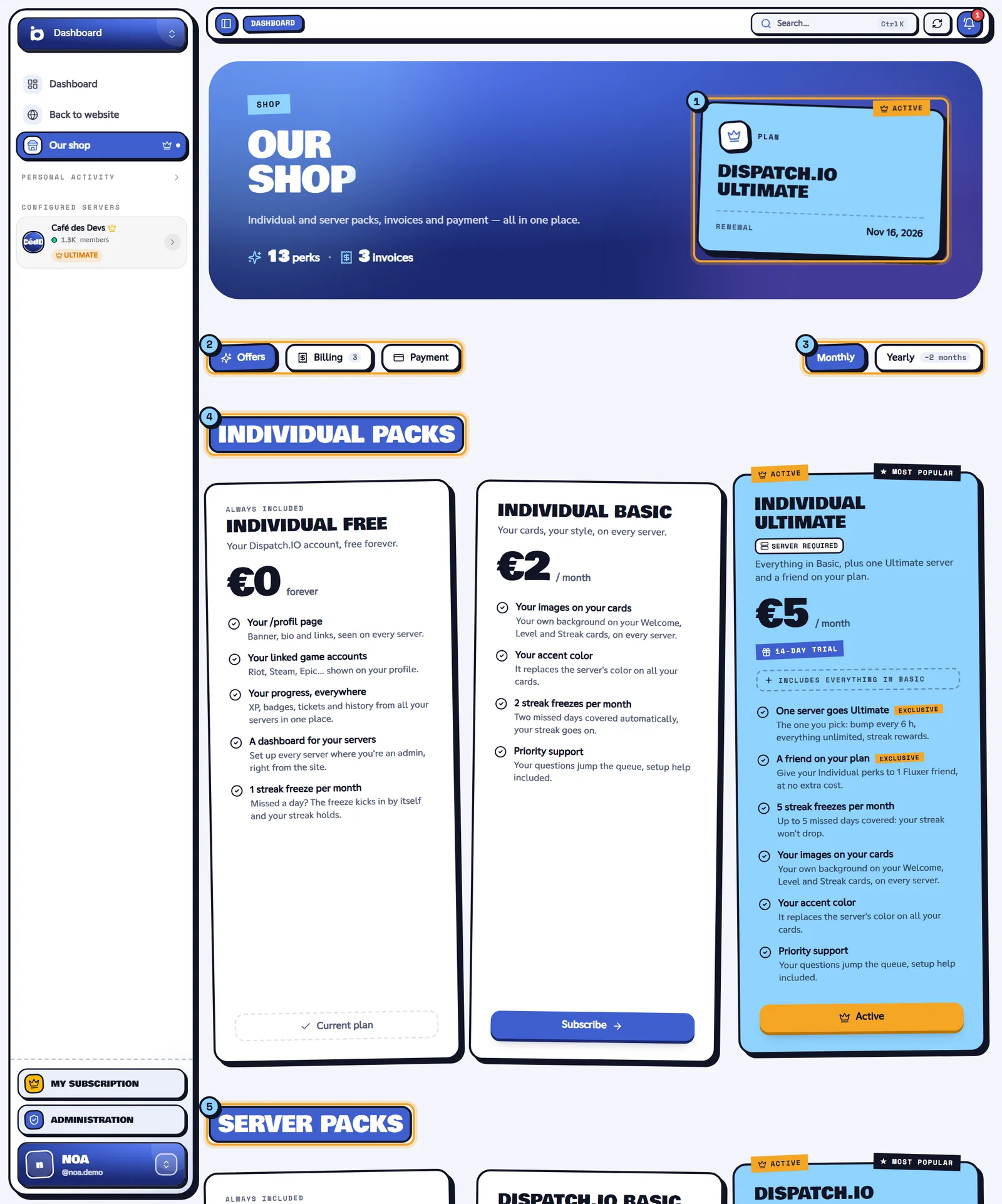 Our shop page with the current plan, the tabs and the packs