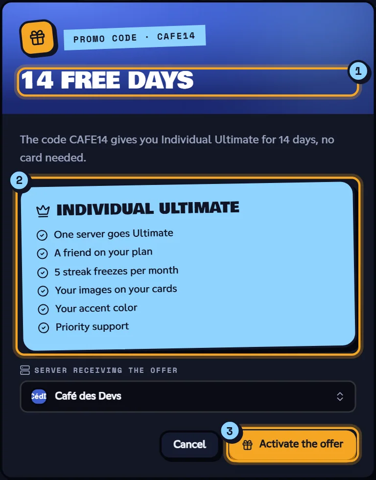 Promo code window for a free-days code, ready to be activated
