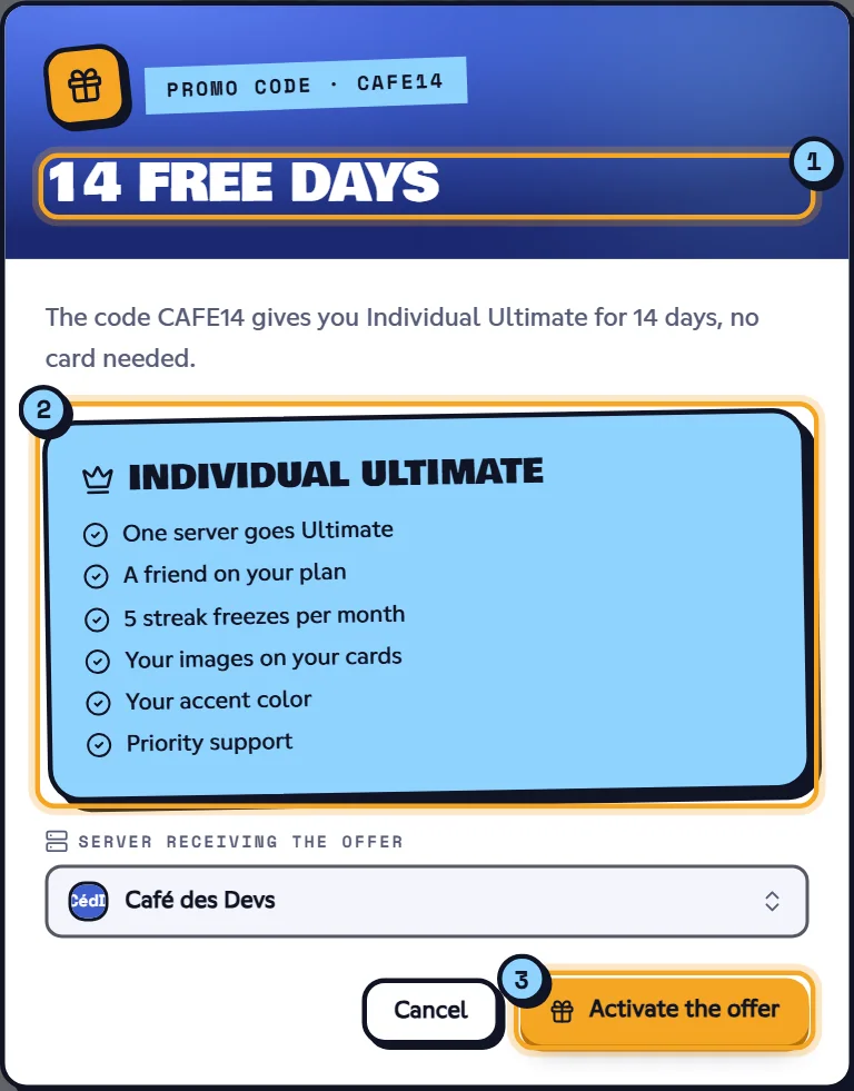 Promo code window for a free-days code, ready to be activated