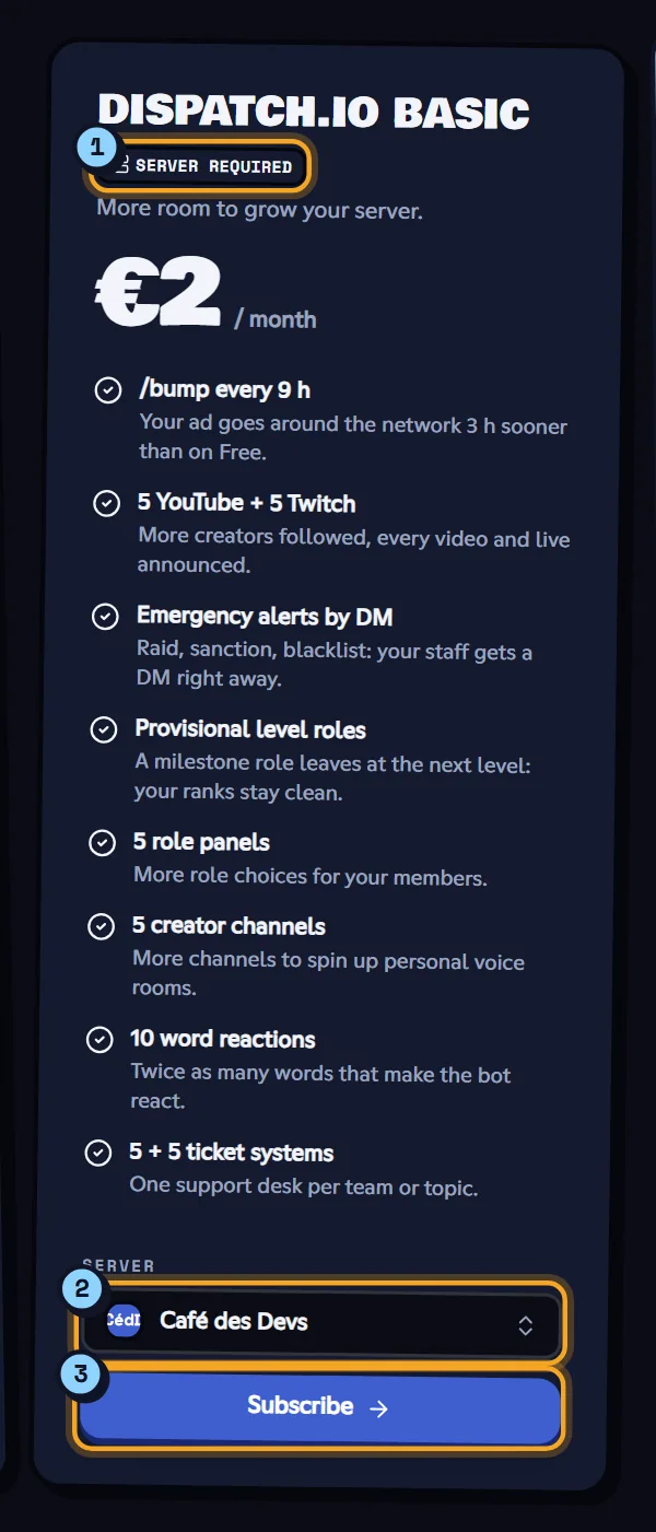 Dispatch.IO Basic plan card with the server picker
