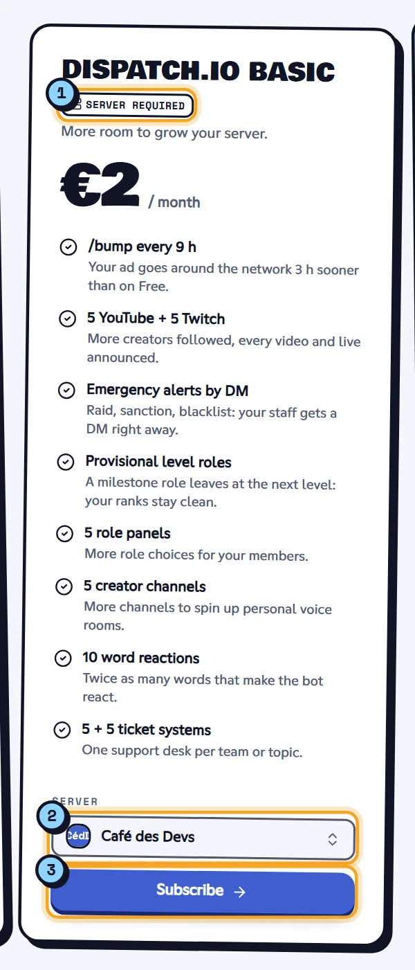 Dispatch.IO Basic plan card with the server picker