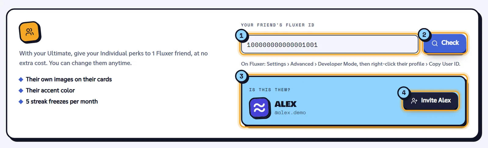 Invite a friend card with Alex's profile to confirm