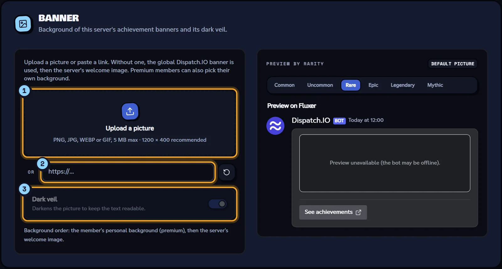 Banner block with the upload zone, the link, the dark veil and the preview by rarity