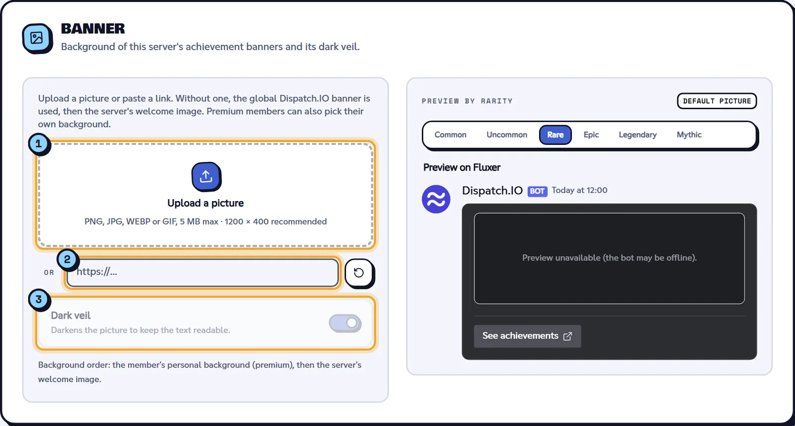 Banner block with the upload zone, the link, the dark veil and the preview by rarity
