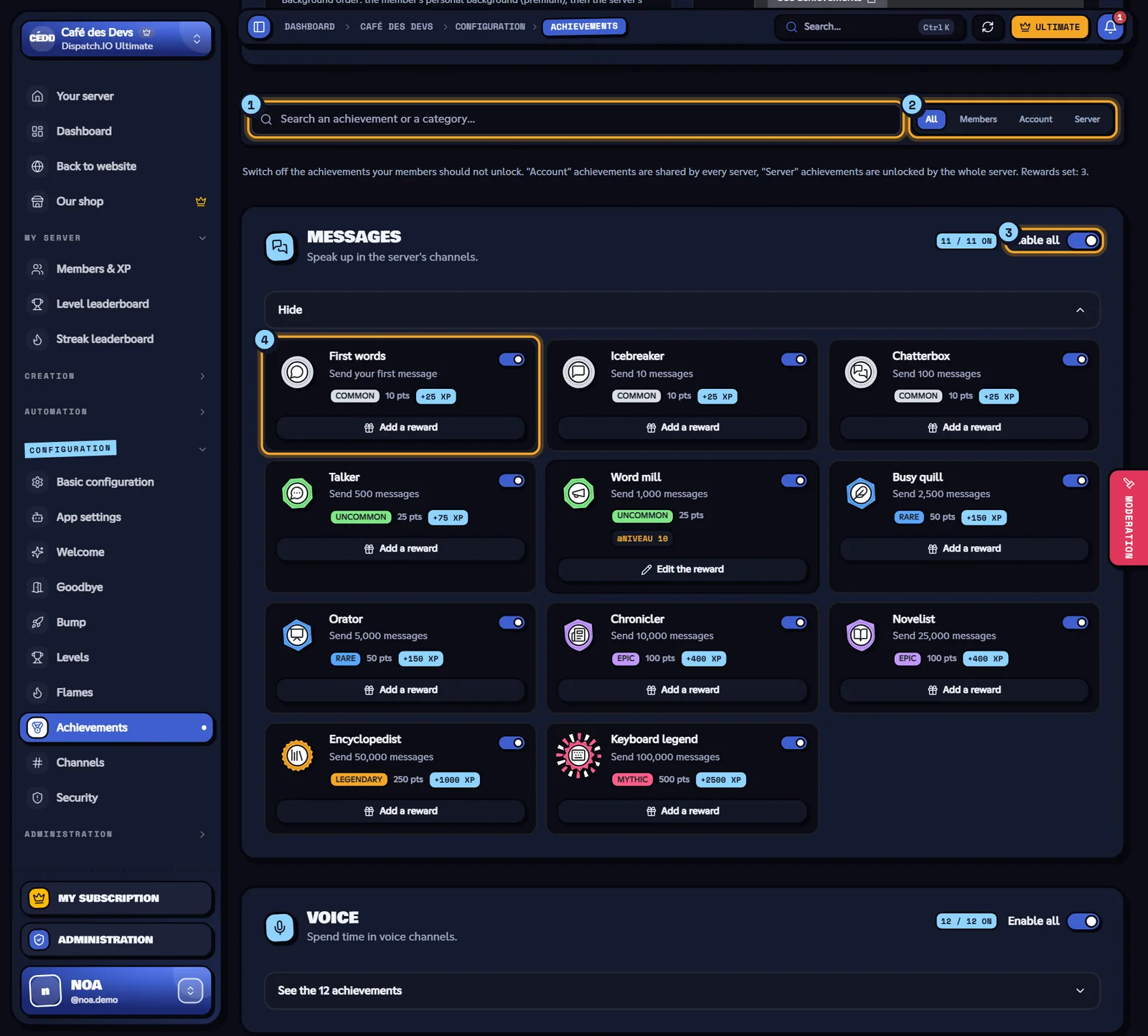 Achievements catalog with the search, the type filter and the Messages category unfolded