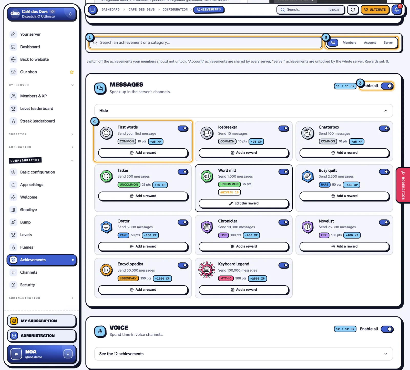Achievements catalog with the search, the type filter and the Messages category unfolded