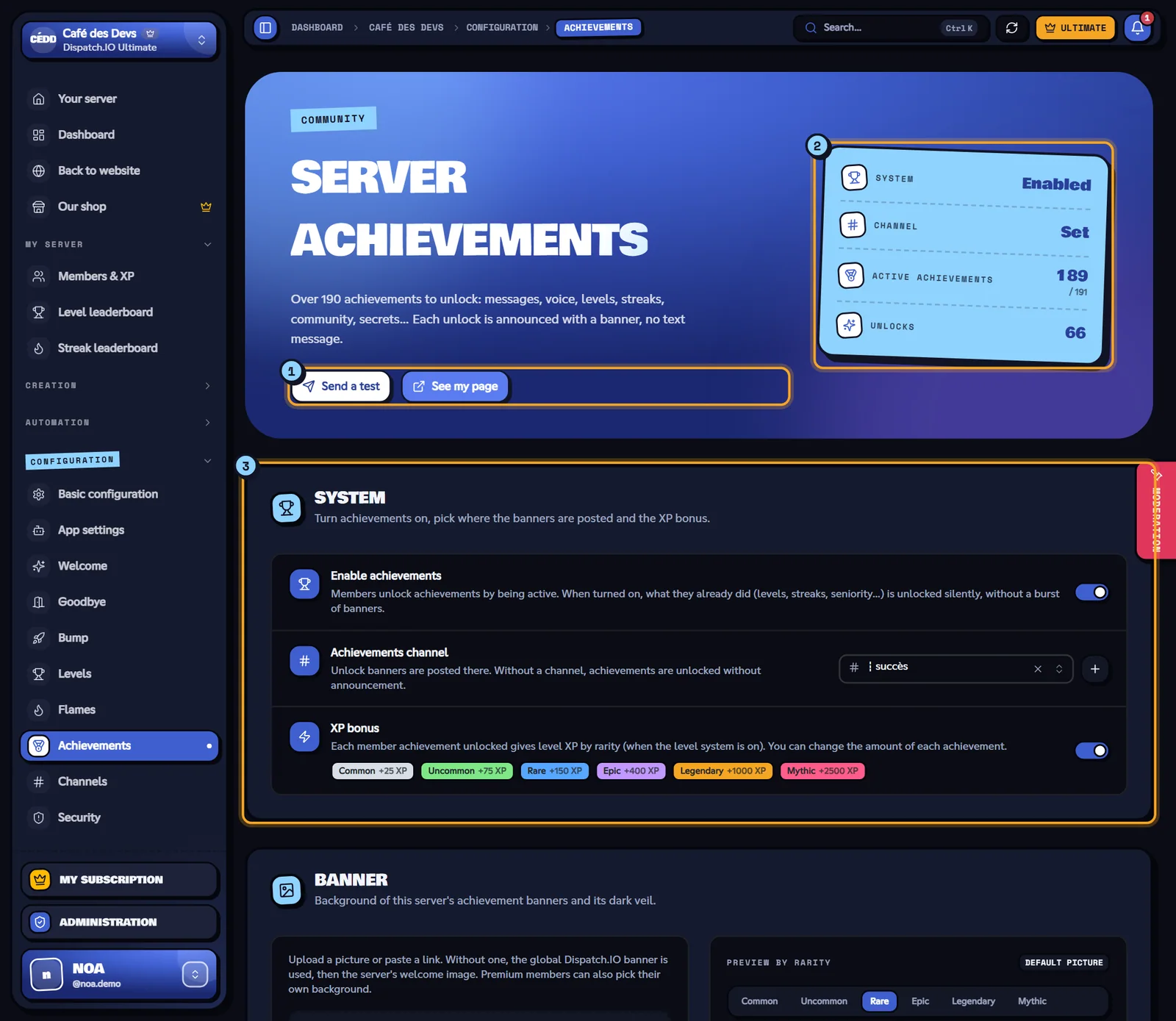 Server Achievements page with the buttons, the figures and the System block