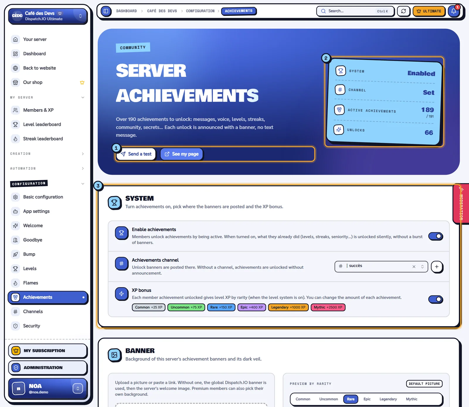 Server Achievements page with the buttons, the figures and the System block