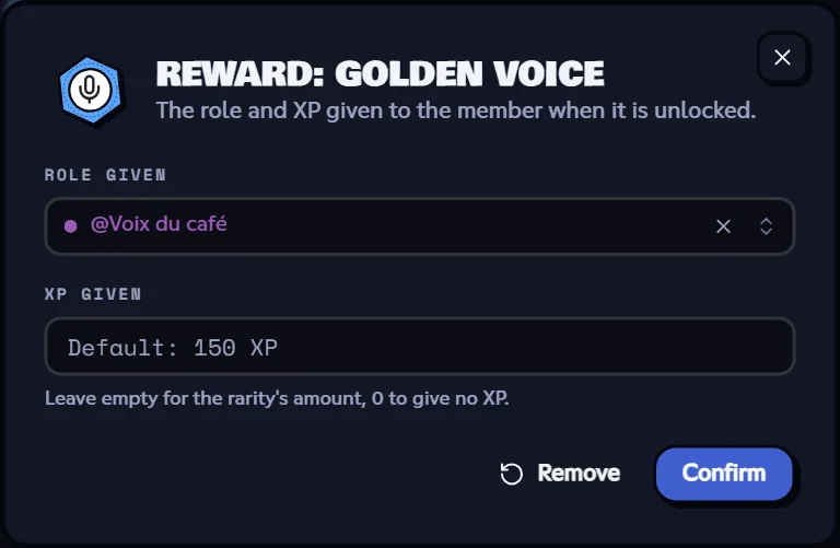 Reward dialog with the role given and the XP given