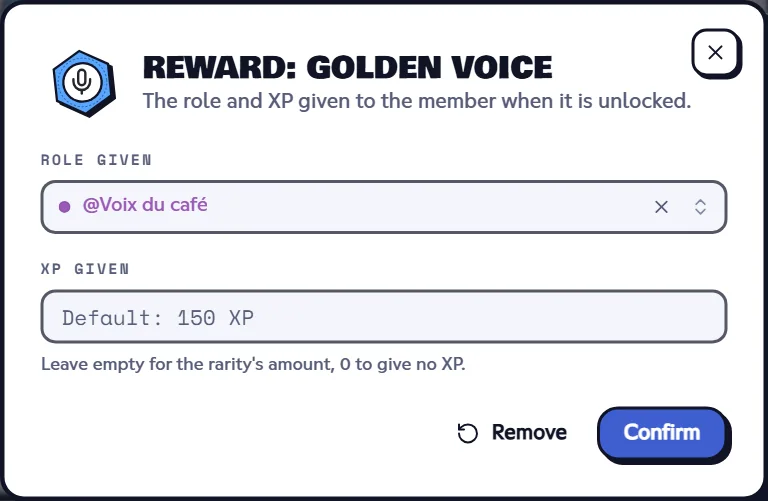 Reward dialog with the role given and the XP given