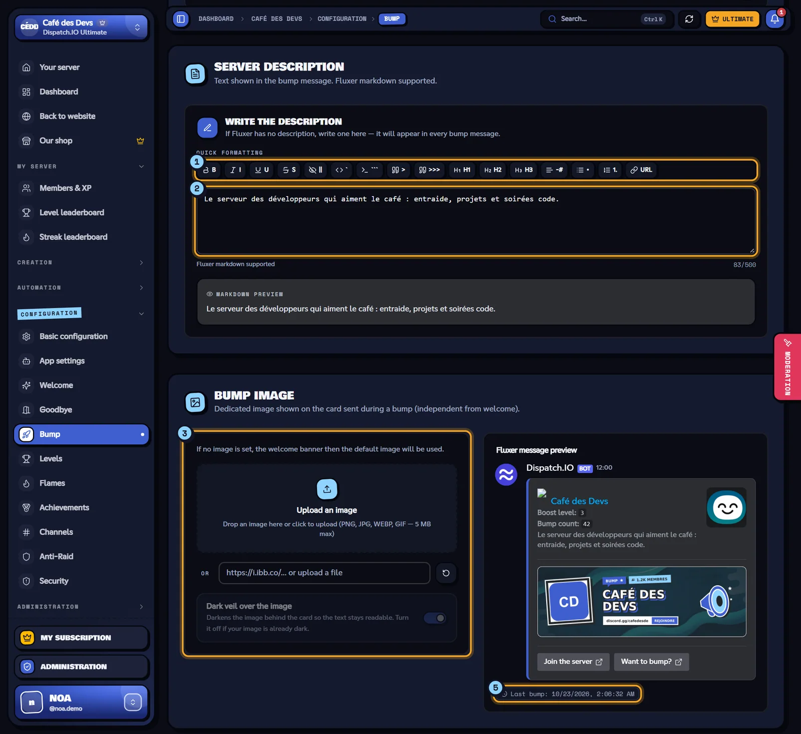 The description, the image and the bump preview. Server description, bump image and Fluxer message preview