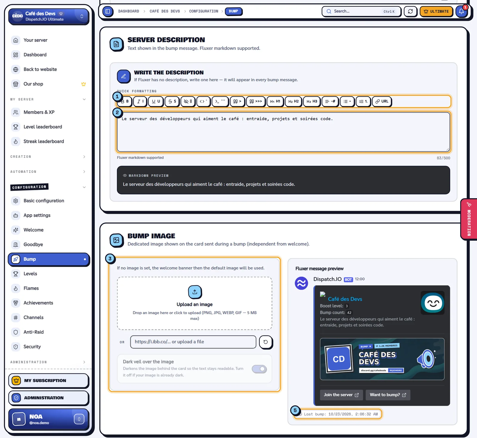 The description, the image and the bump preview. Server description, bump image and Fluxer message preview