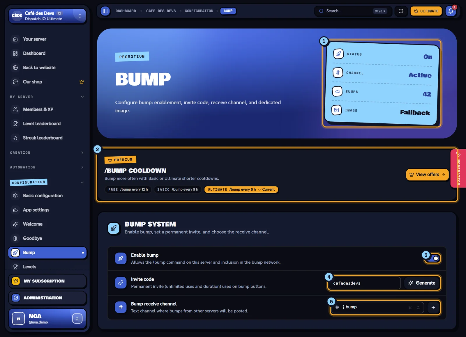 The Bump page of the Café des Devs server. Bump page with the indicators, the /bump cooldown banner and the bump system
