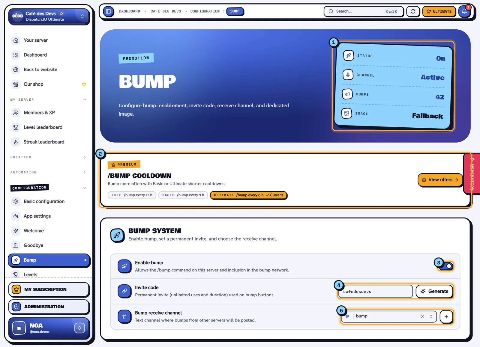 The Bump page of the Café des Devs server. Bump page with the indicators, the /bump cooldown banner and the bump system