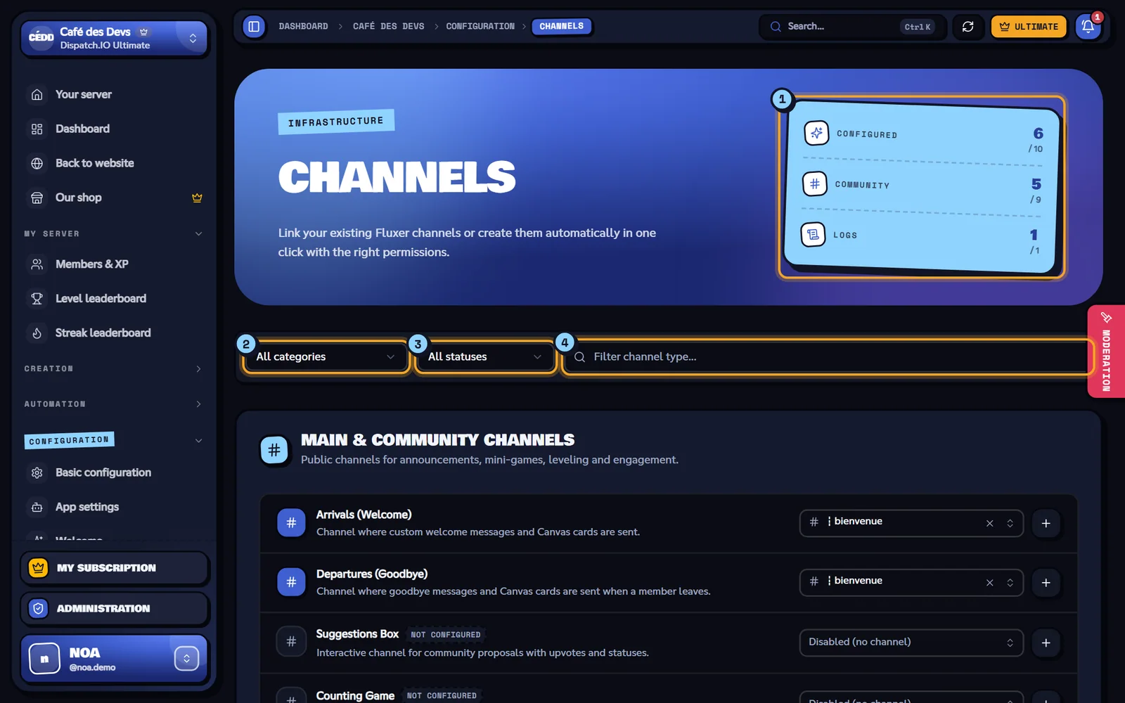 The Channels page of the Café des Devs server. Channels page with the indicators, the filters and the first channel types