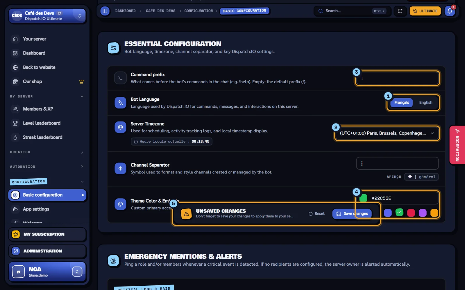 Essential configuration block with language, timezone, separator and color