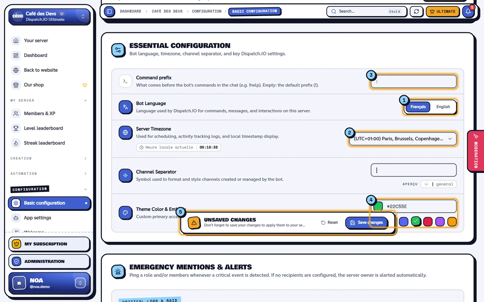 Essential configuration block with language, timezone, separator and color