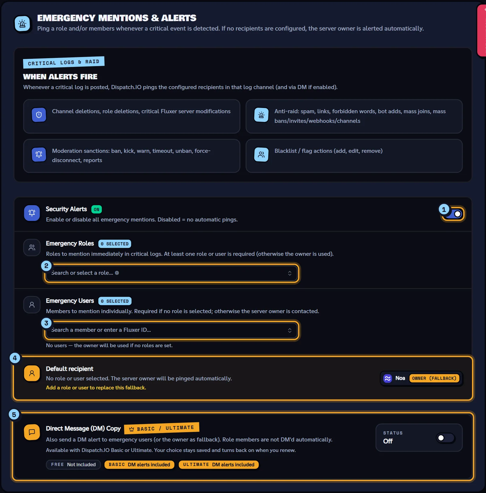 Emergency Mentions & Alerts block with roles, users and the DM copy