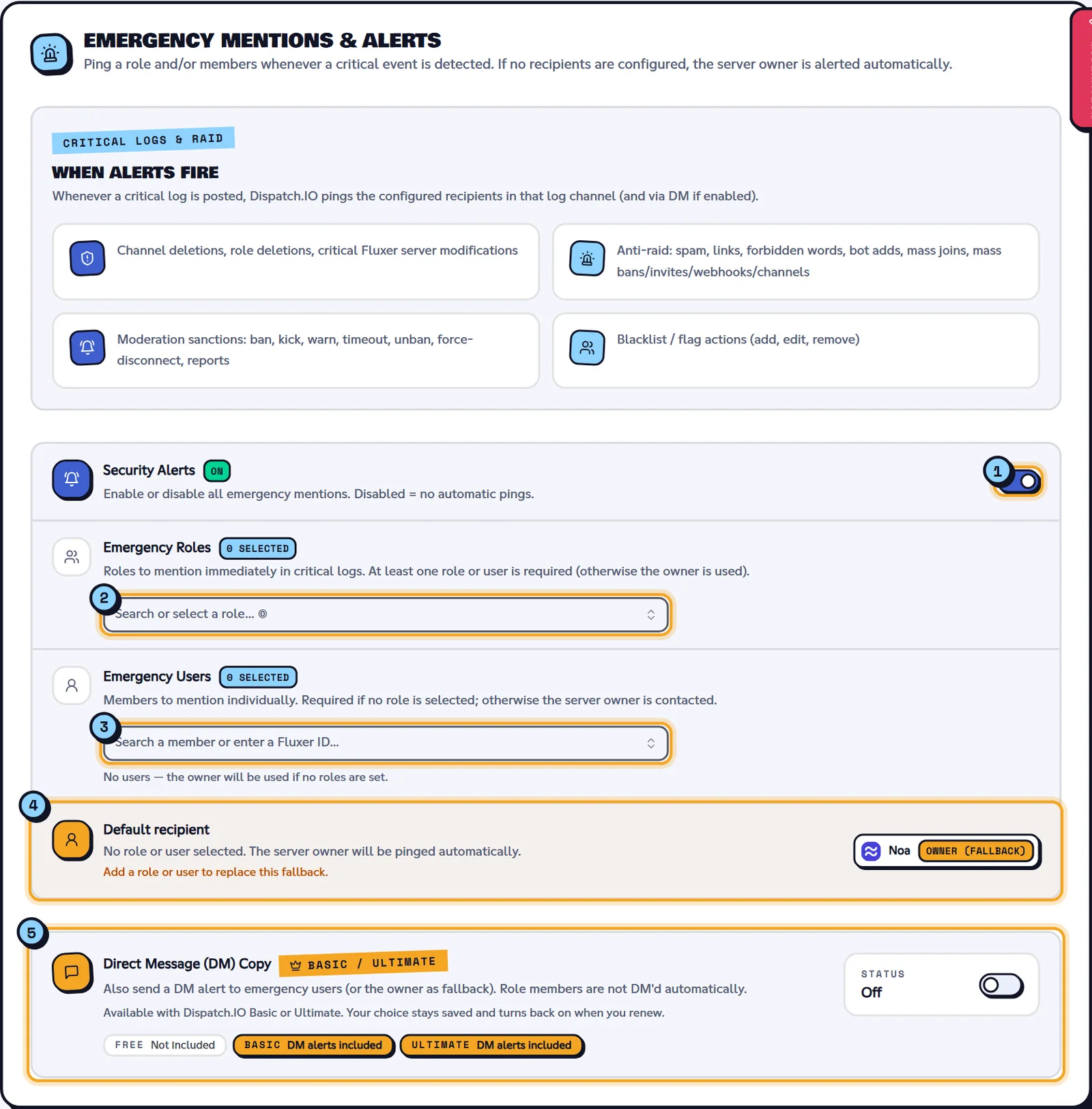 Emergency Mentions & Alerts block with roles, users and the DM copy