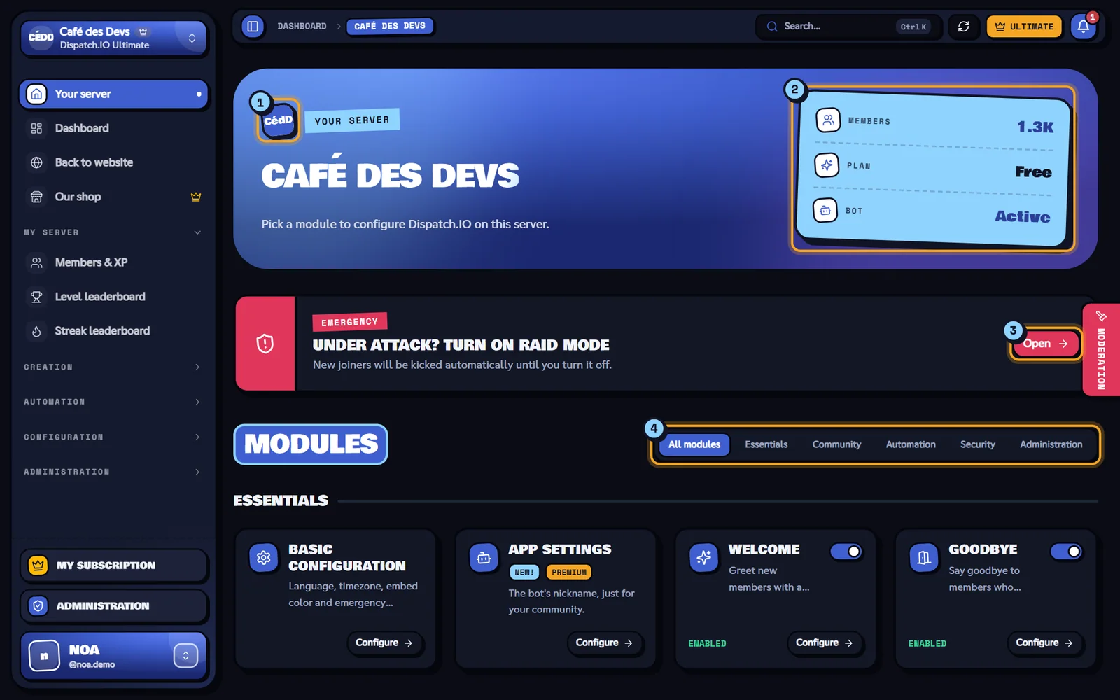 Home of the Café des Devs community on the dashboard, with its modules