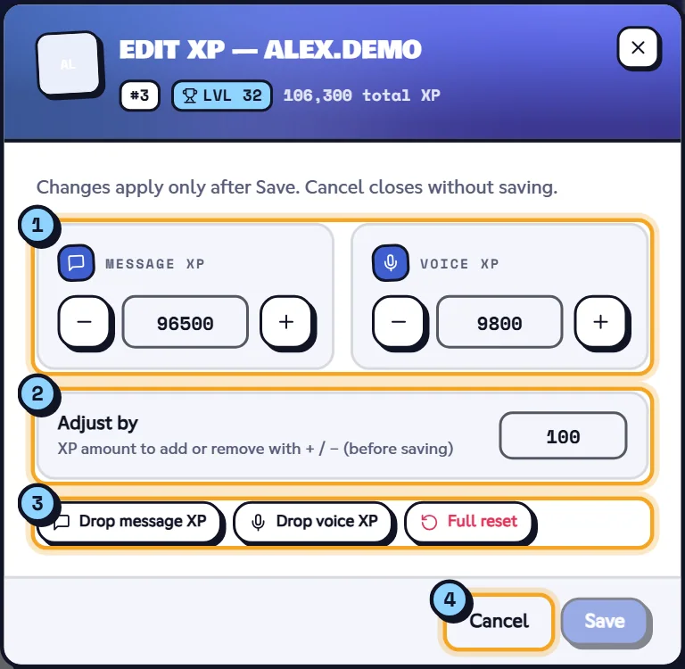 Edit XP window with message XP, voice XP and the reset buttons
