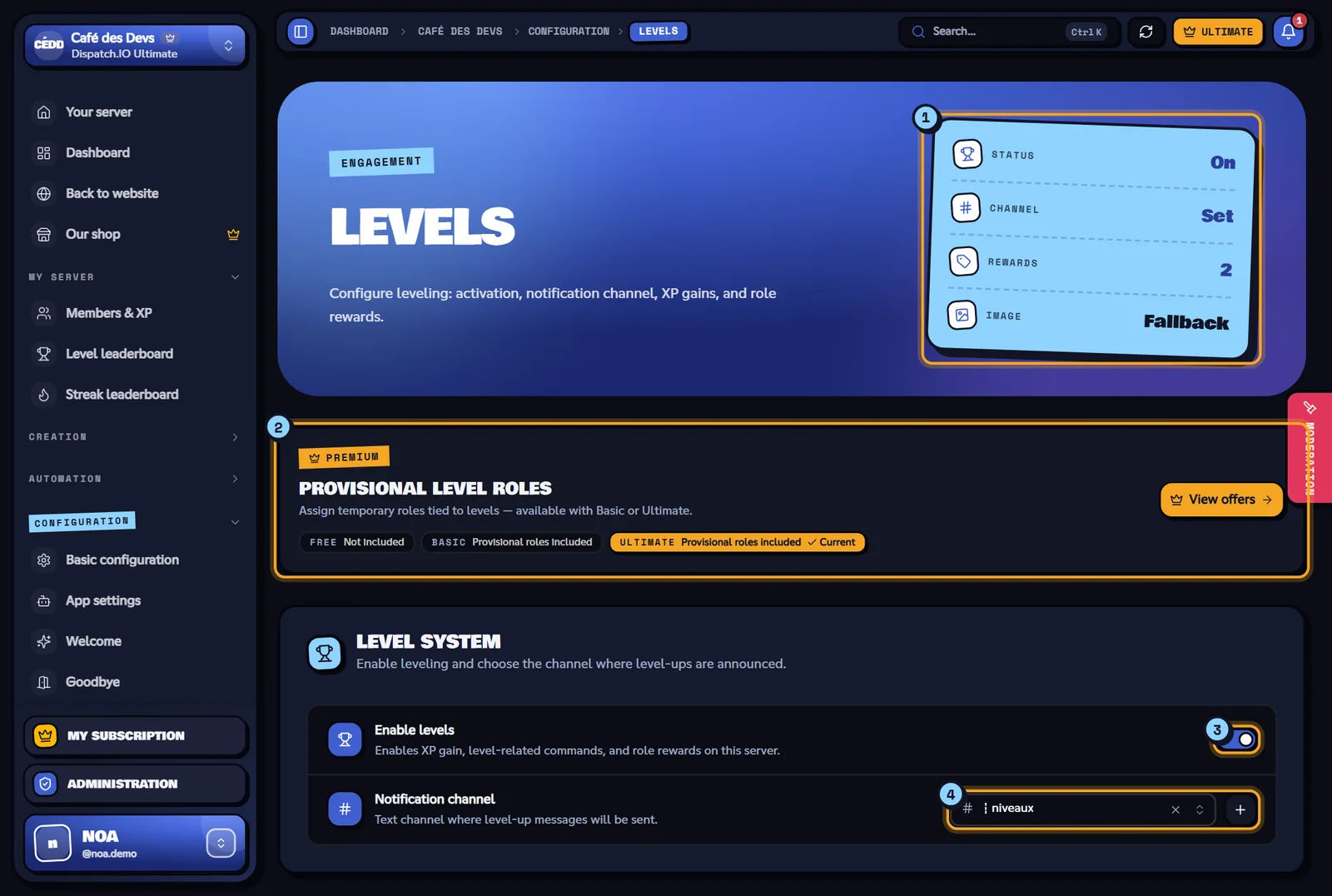 Levels page with the indicators, the premium banner and the level system