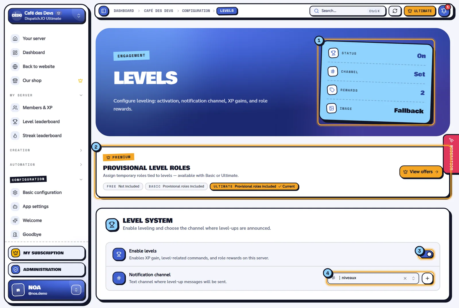 Levels page with the indicators, the premium banner and the level system
