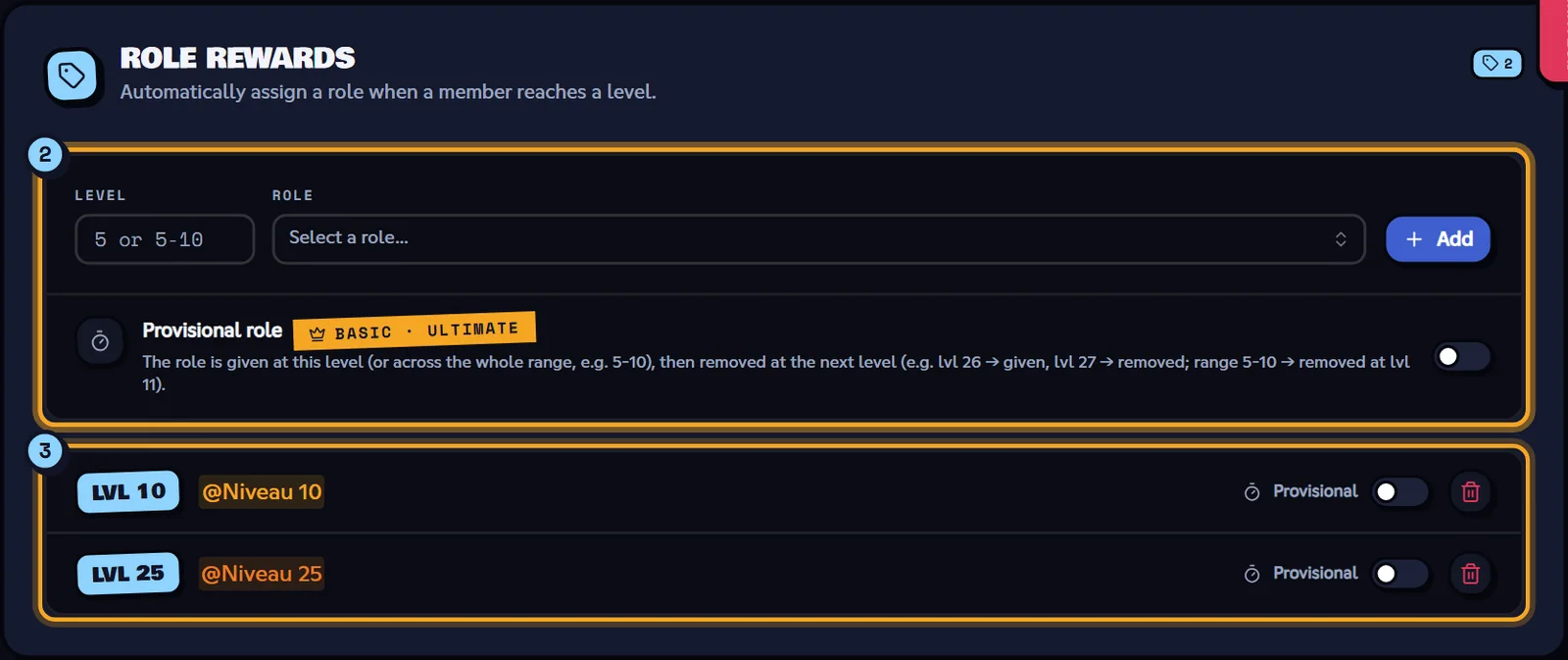 Role rewards block with rewards at levels 10 and 25 and the Provisional role option