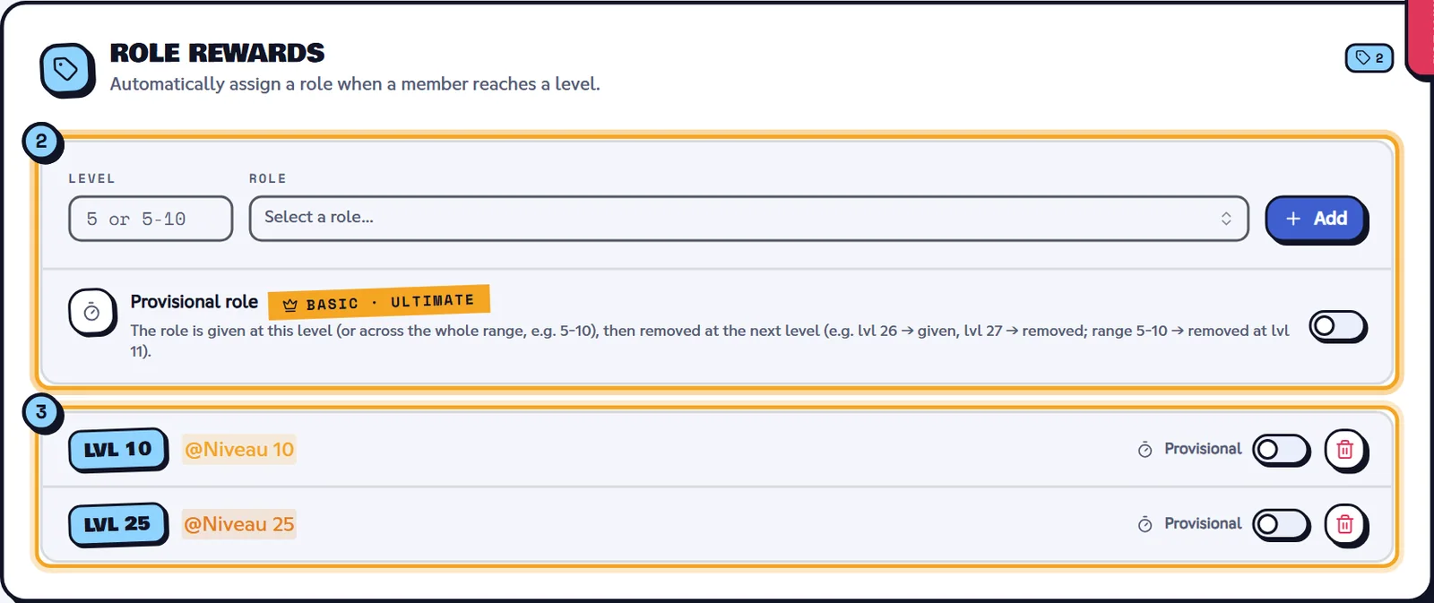 Role rewards block with rewards at levels 10 and 25 and the Provisional role option