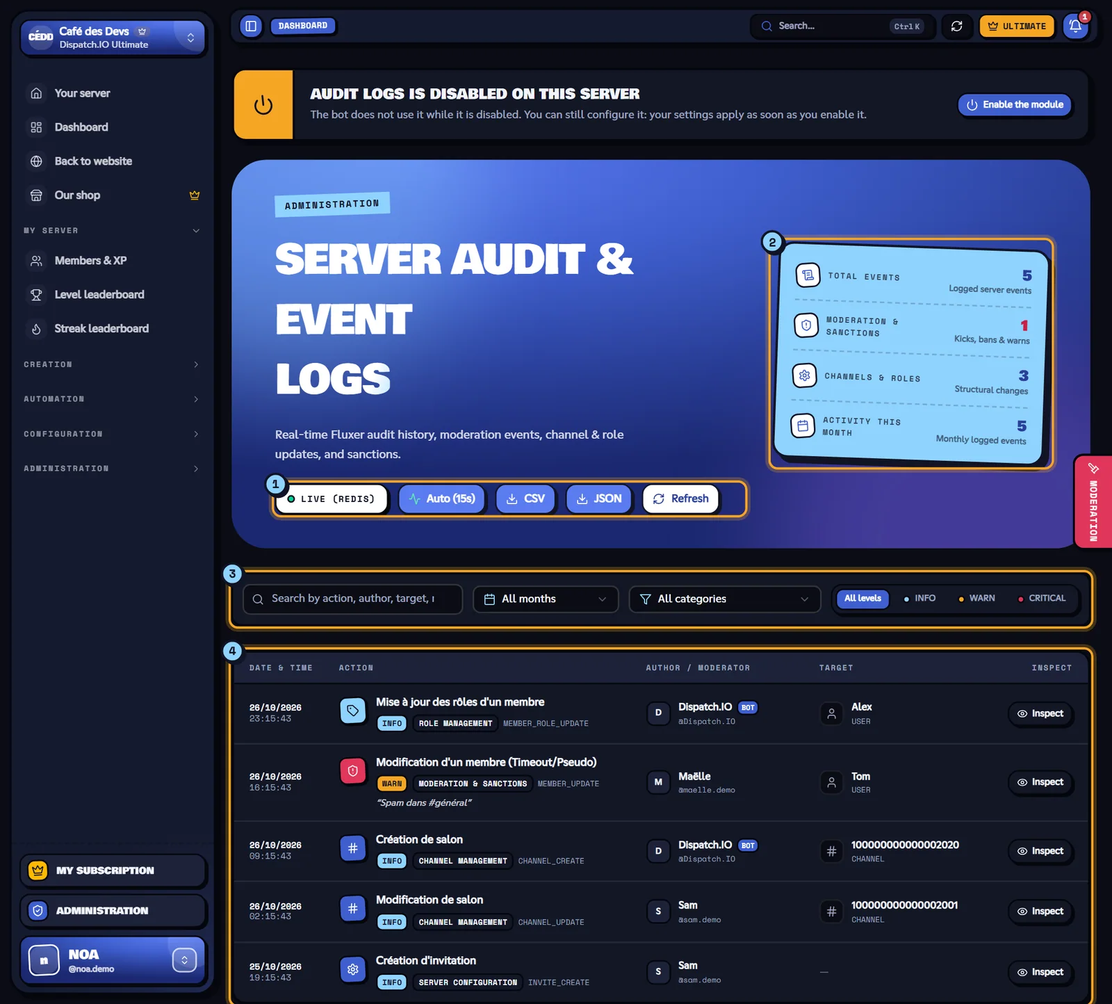 The Fluxer Audit Logs page. Fluxer Audit Logs page with several events