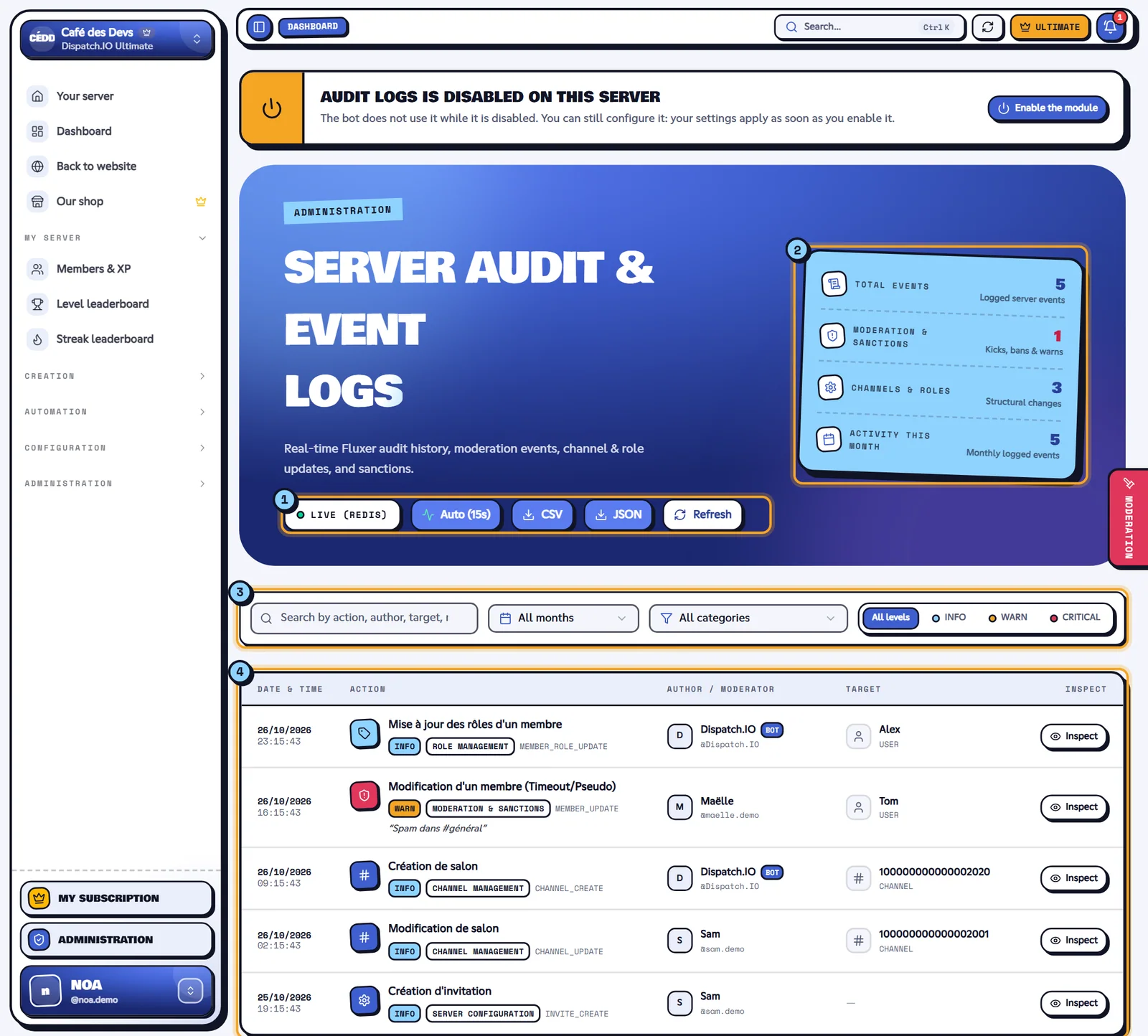 The Fluxer Audit Logs page. Fluxer Audit Logs page with several events