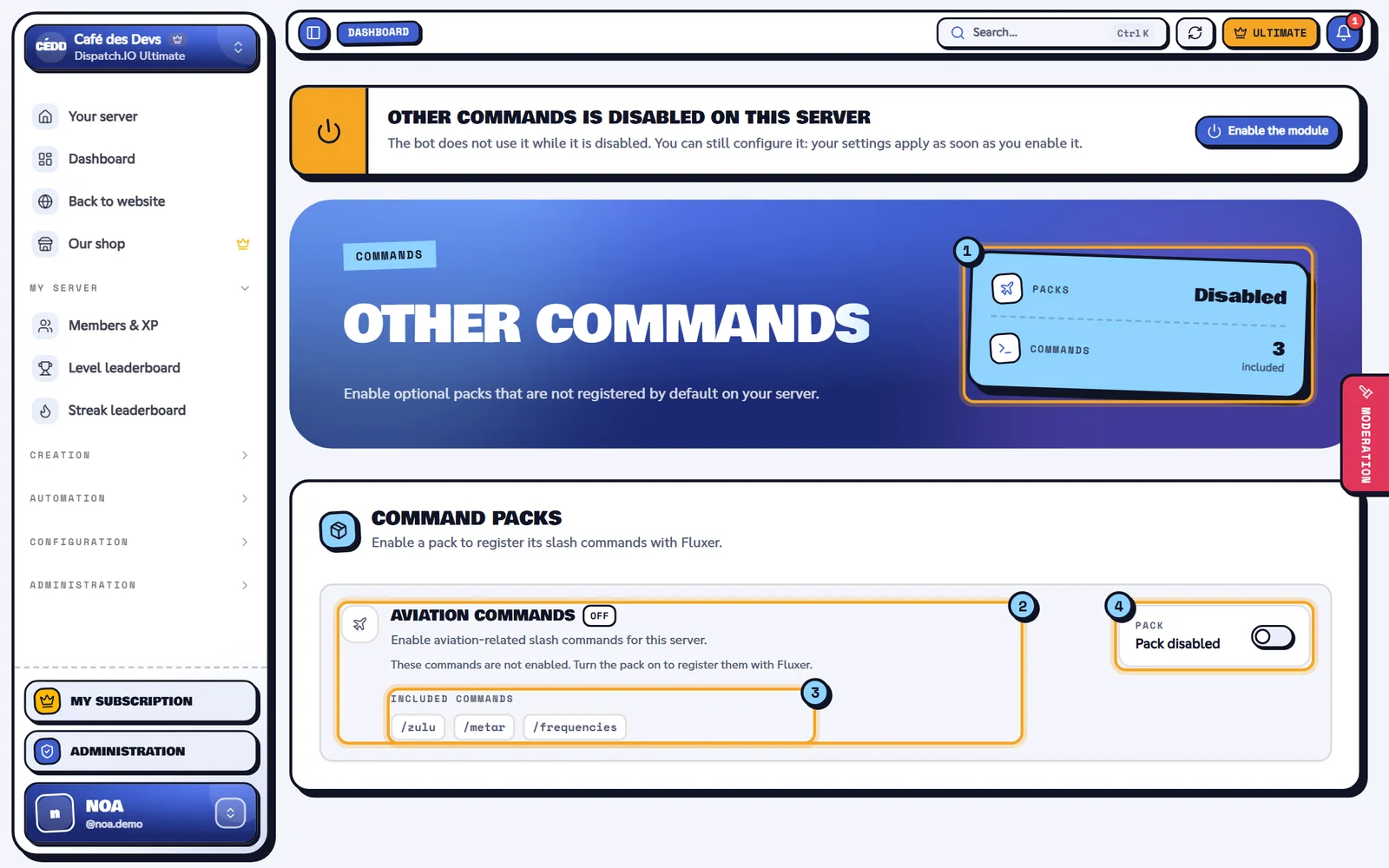 The Other commands page. Other commands page with the Aviation commands pack