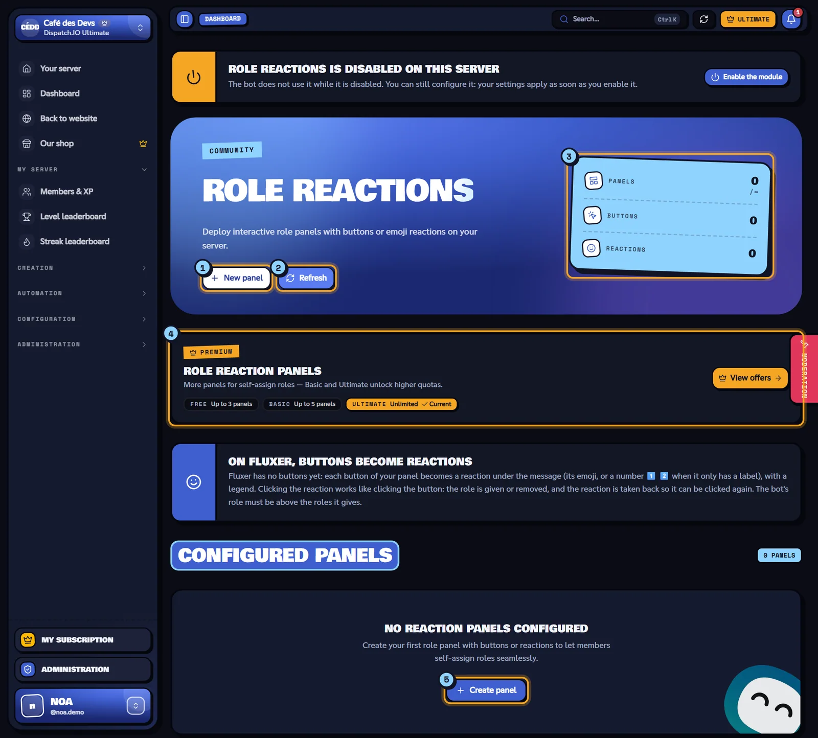Role Reactions page with no panel, the New panel button and the indicators