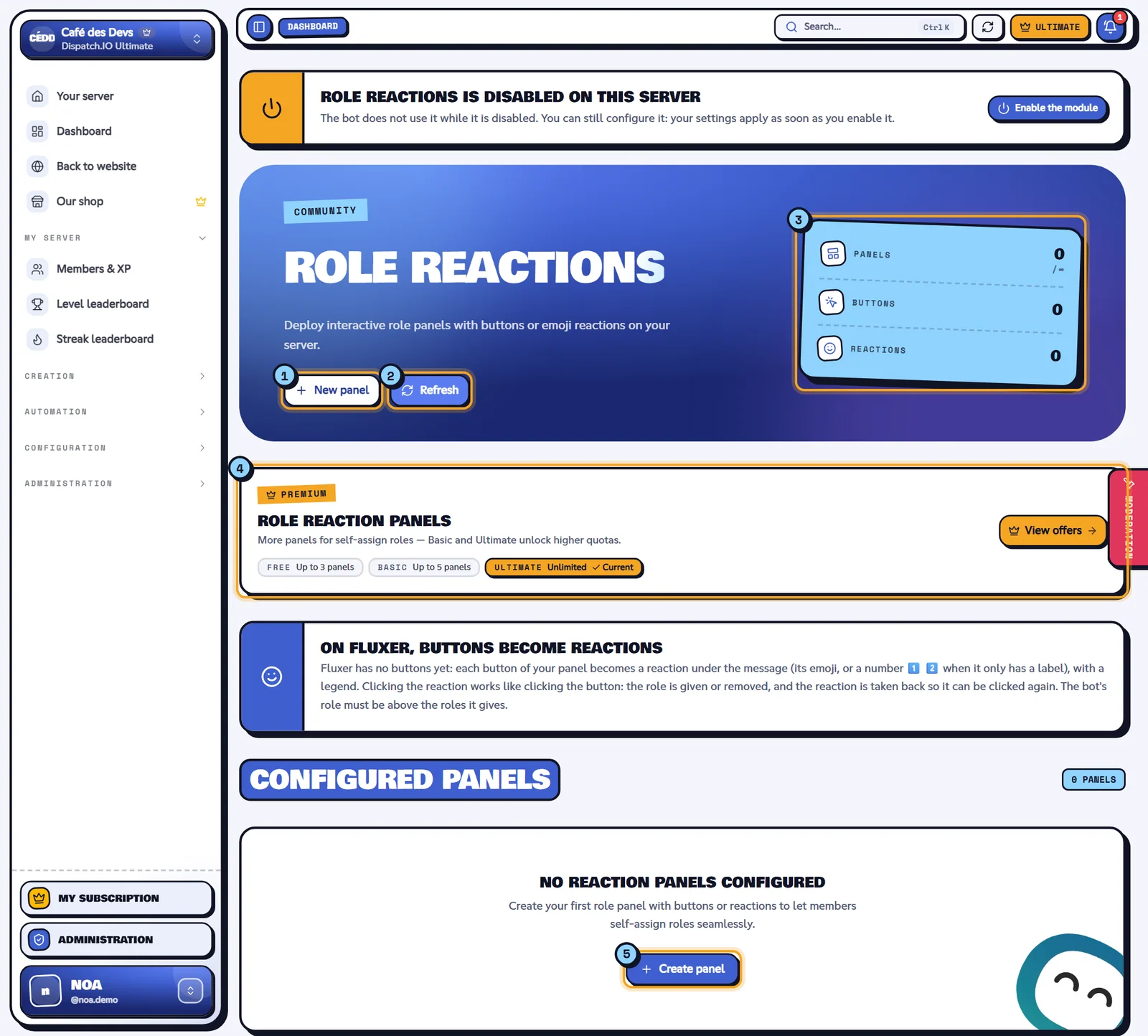 Role Reactions page with no panel, the New panel button and the indicators