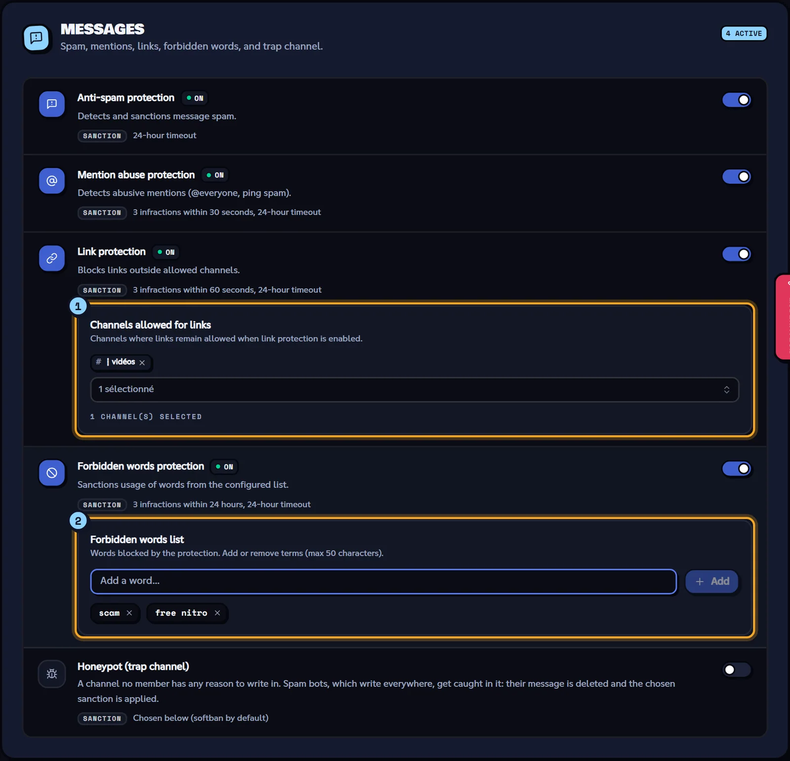 Messages group with link protection and the forbidden words list