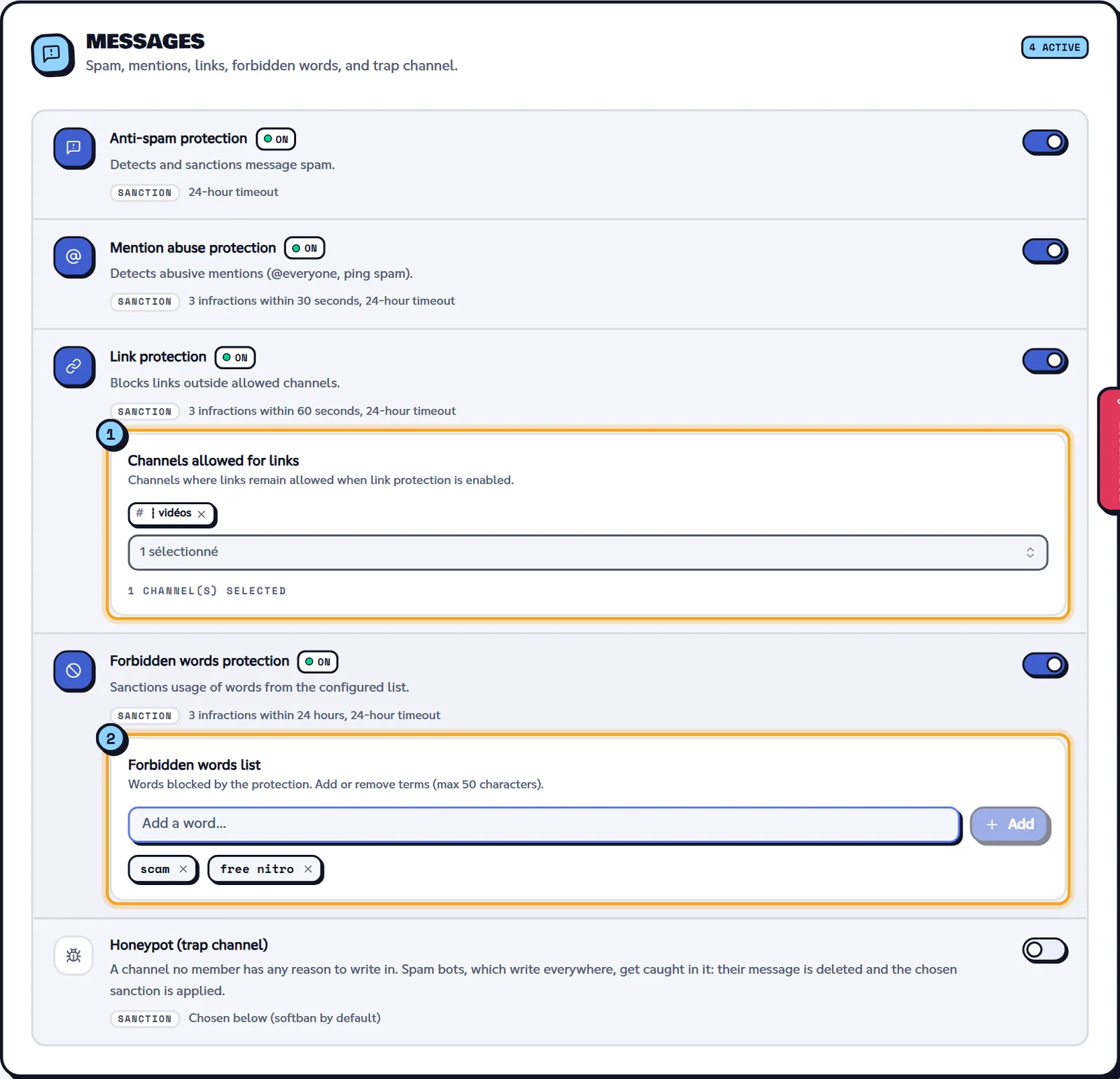 Messages group with link protection and the forbidden words list