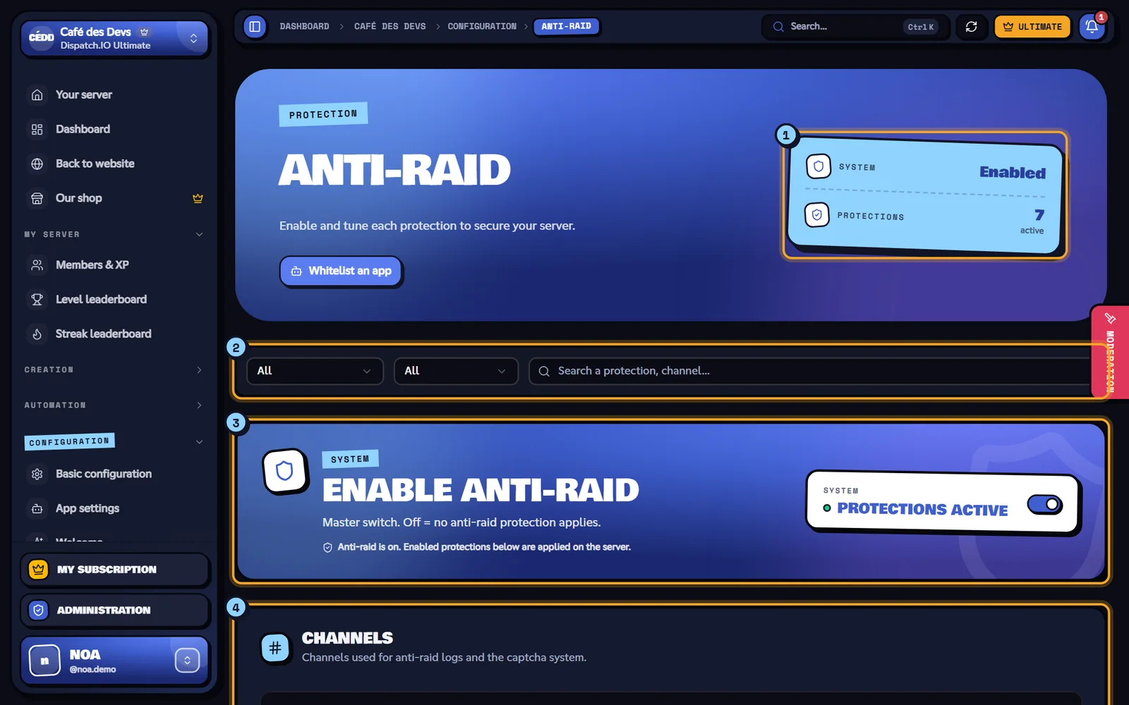 Anti-Raid page with the system on and several protections